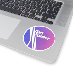 girl raider sticker | arc raiders inspired purple retro gradient white stripe design | laptop gamer gift glossy kiss cut circle vinyl decal