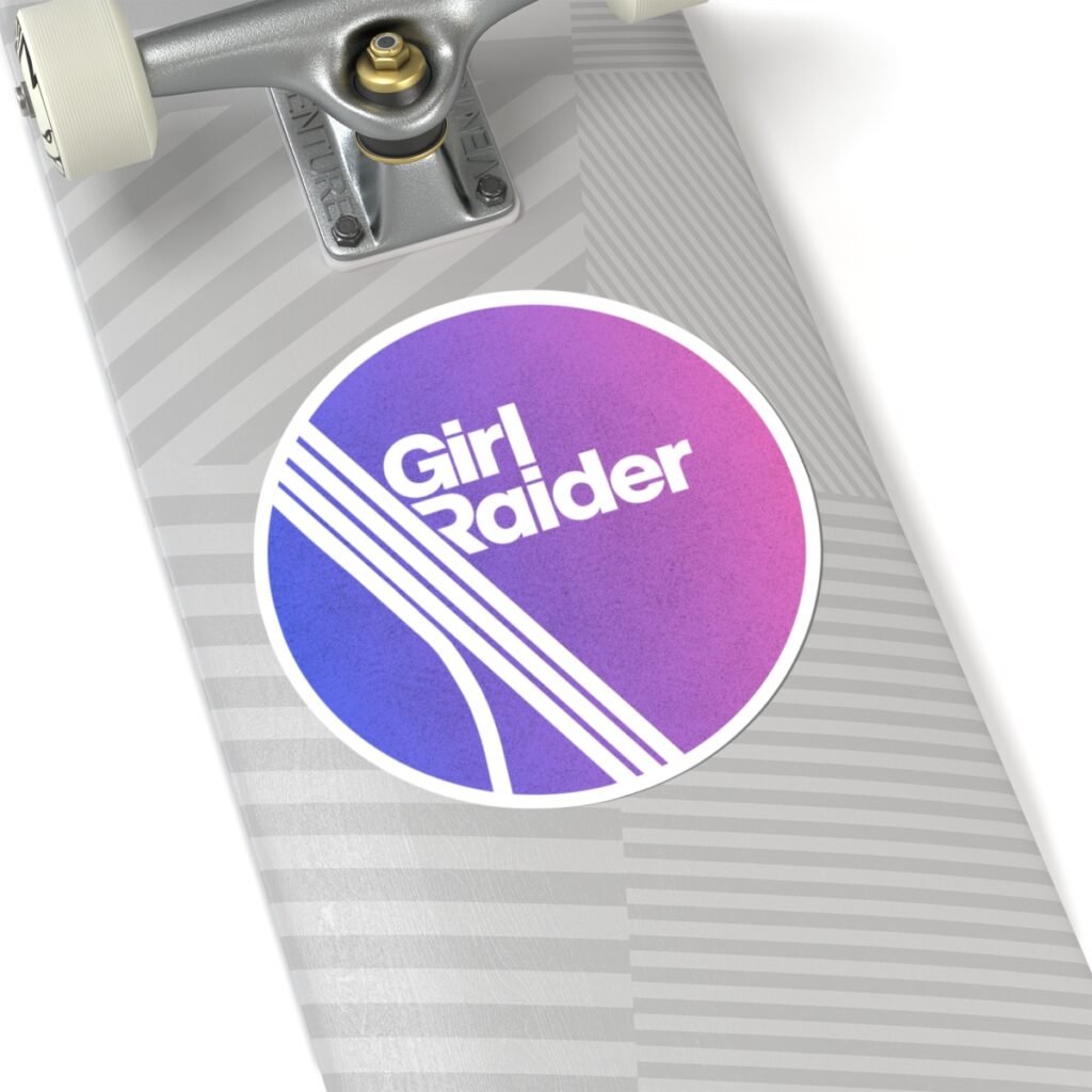 girl raider sticker | arc raiders inspired purple retro gradient white stripe design | laptop gamer gift glossy kiss cut circle vinyl decal