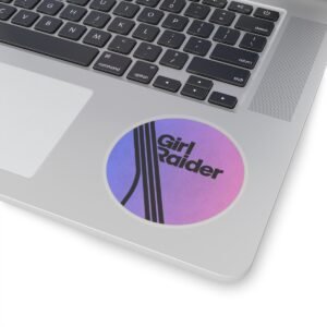 girl raider sticker | arc raiders inspired purple retro gradient black stripe design | laptop gamer gift glossy kiss cut circle vinyl decal